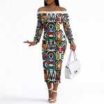 African Geometric Ndebele Patterns Off The Shoulder Long Sleeve Dress
