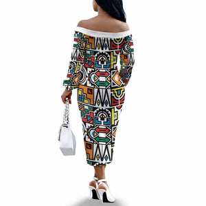 African Geometric Ndebele Patterns Off The Shoulder Long Sleeve Dress