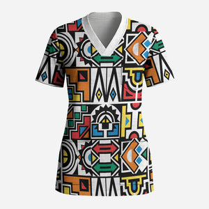 African Geometric Ndebele Patterns Scrub Top