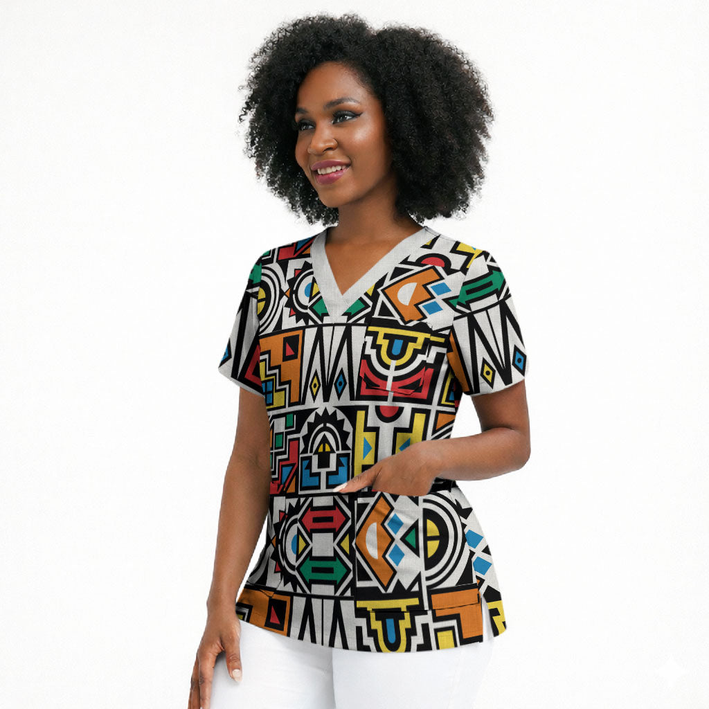 African Geometric Ndebele Patterns Scrub Top