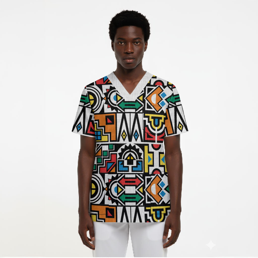 African Geometric Ndebele Patterns Scrub Top
