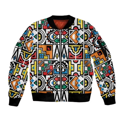 African Geometric Ndebele Patterns Sleeve Zip Bomber Jacket