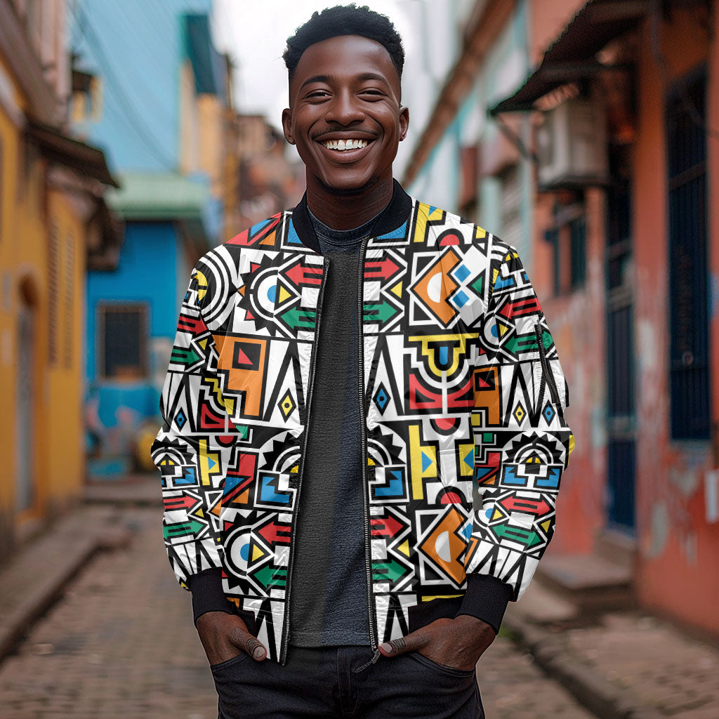 African Geometric Ndebele Patterns Sleeve Zip Bomber Jacket