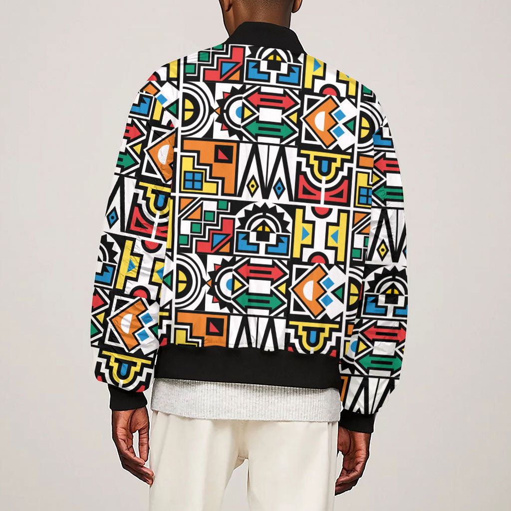 African Geometric Ndebele Patterns Sleeve Zip Bomber Jacket