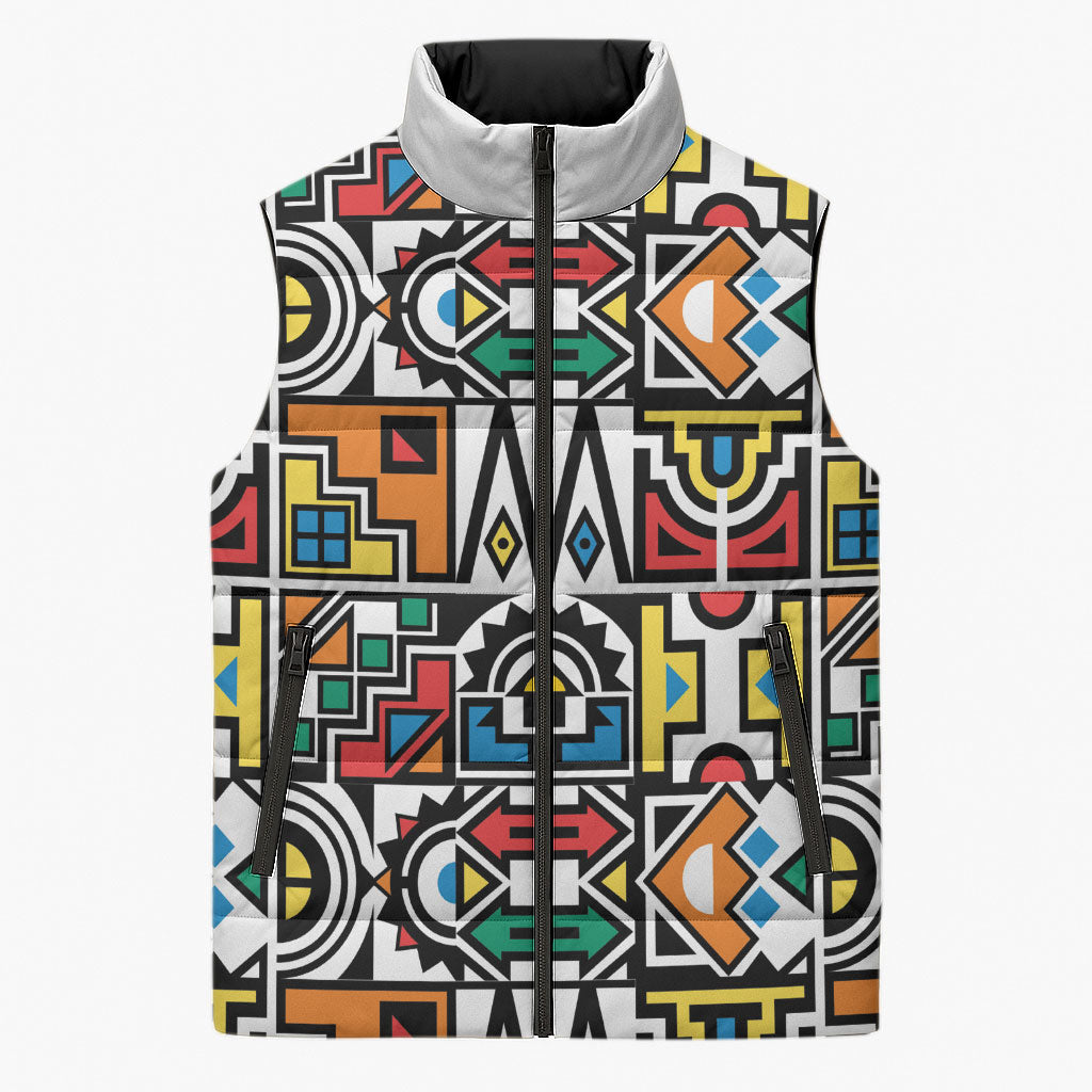 African Geometric Ndebele Patterns Sleeveless Puffer Jacket
