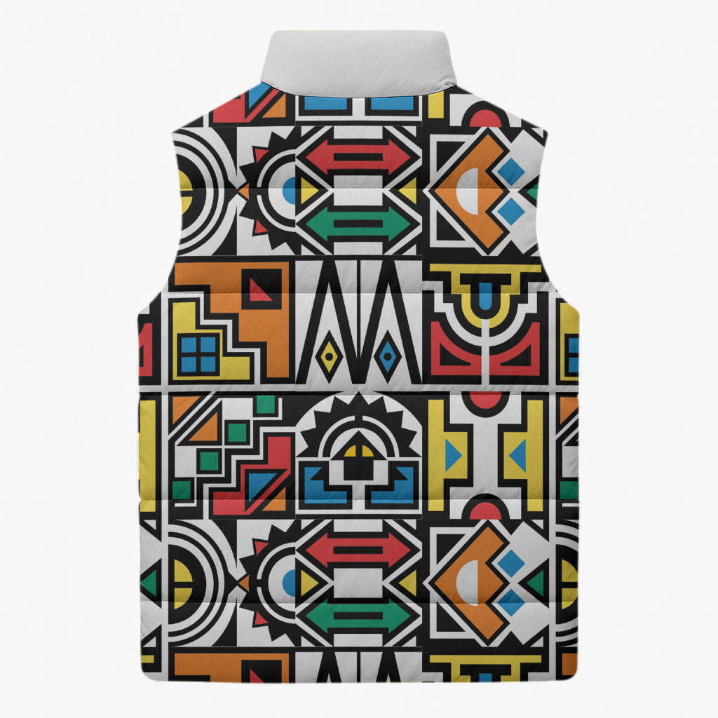 African Geometric Ndebele Patterns Sleeveless Puffer Jacket