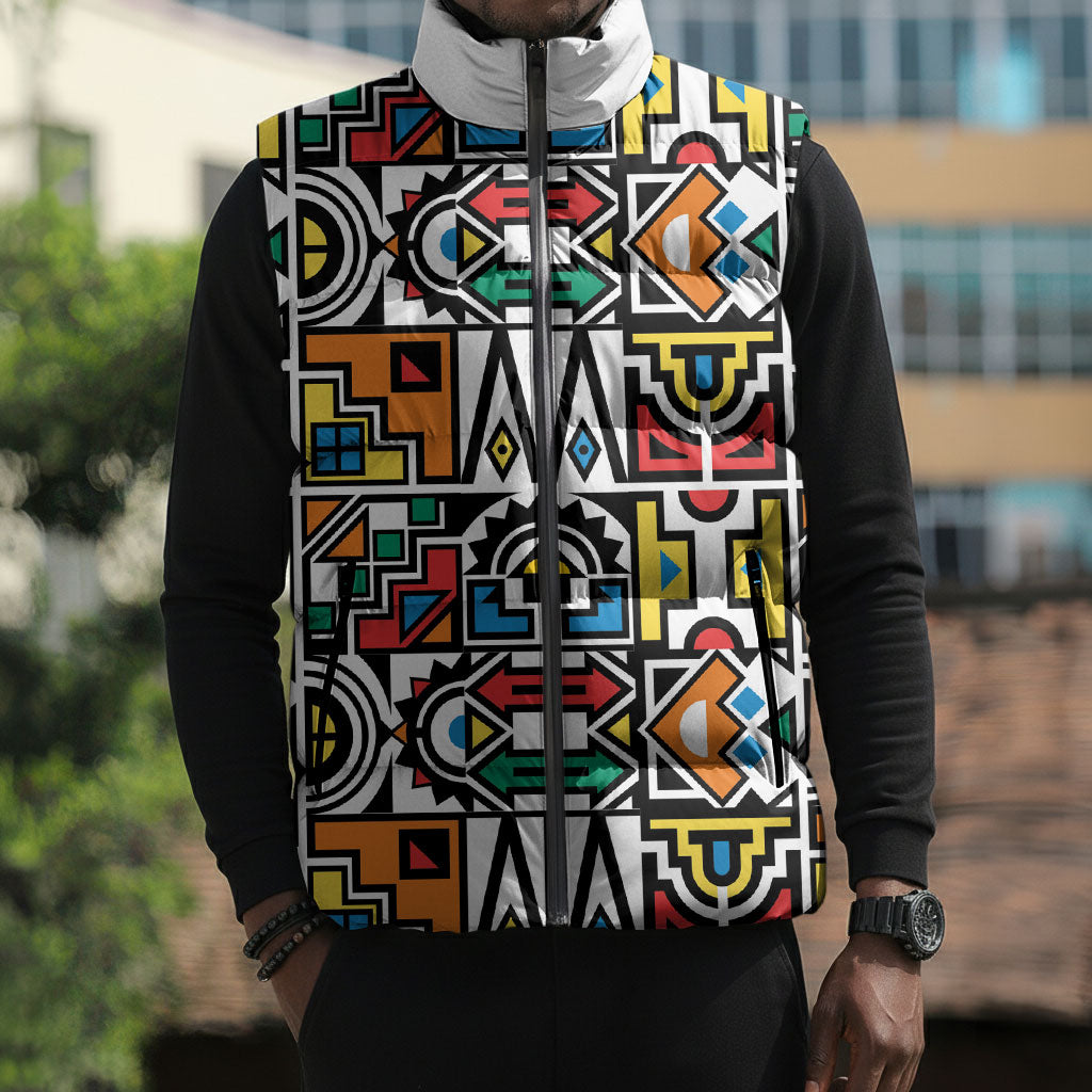 African Geometric Ndebele Patterns Sleeveless Puffer Jacket