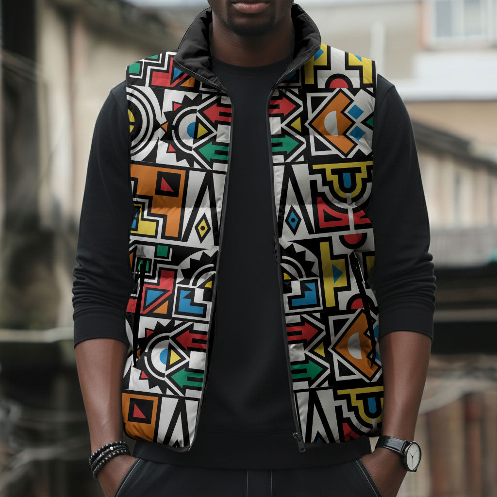 African Geometric Ndebele Patterns Sleeveless Puffer Jacket