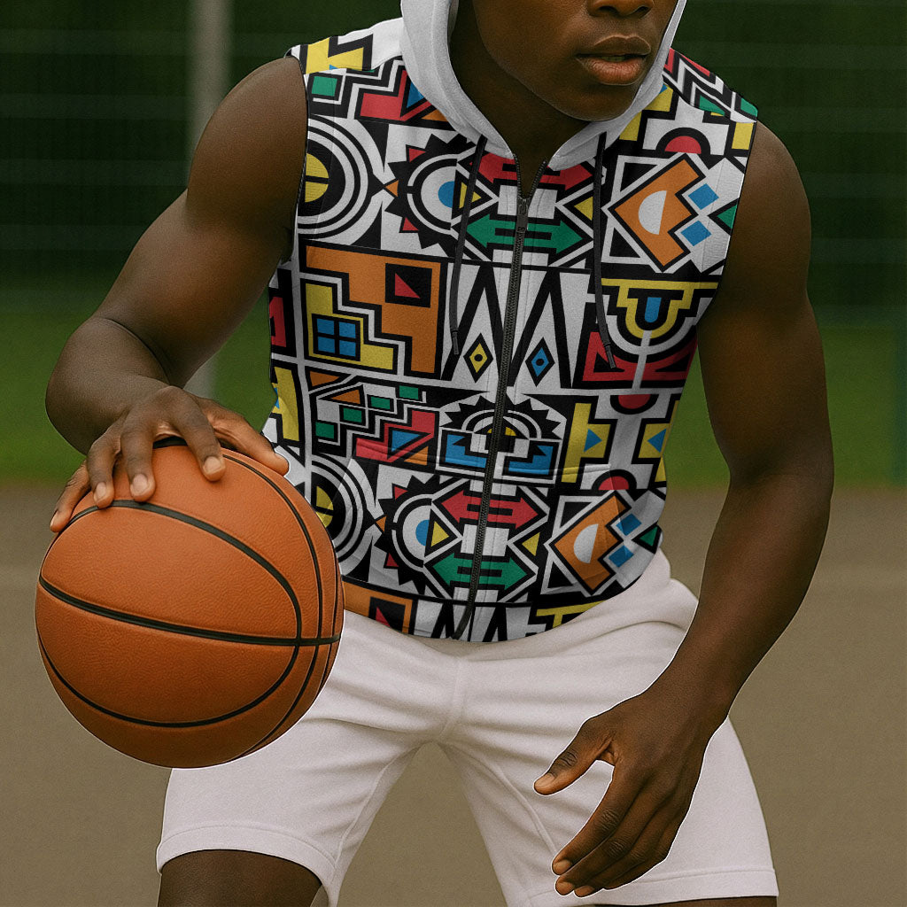 African Geometric Ndebele Patterns Sleeveless Zip Hoodie