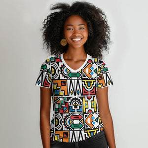 African Geometric Ndebele Patterns Women V-Neck T-Shirt