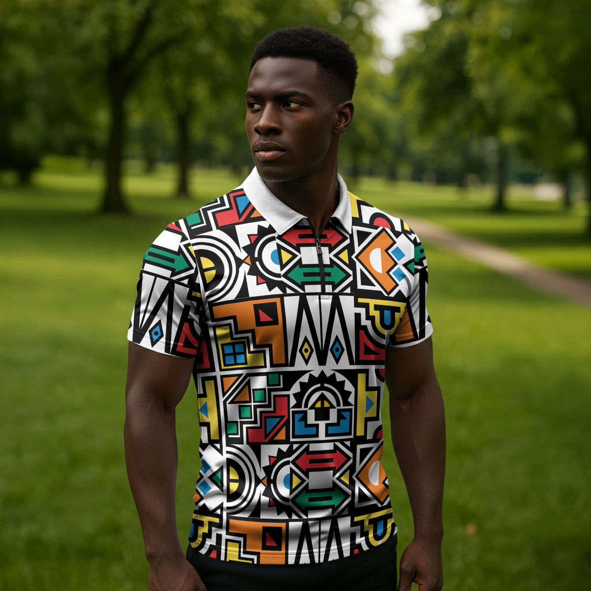 African Geometric Ndebele Patterns Zipper Polo Shirt
