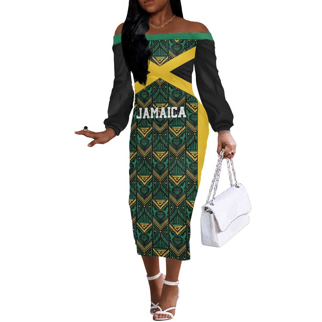 Afro-Jamaicans Football Custom Off The Shoulder Long Sleeve Dress Black Ethnic Motifs