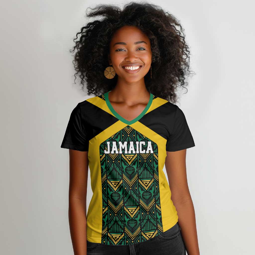 Afro-Jamaicans Football Custom Women V-Neck T-Shirt Black Ethnic Motifs