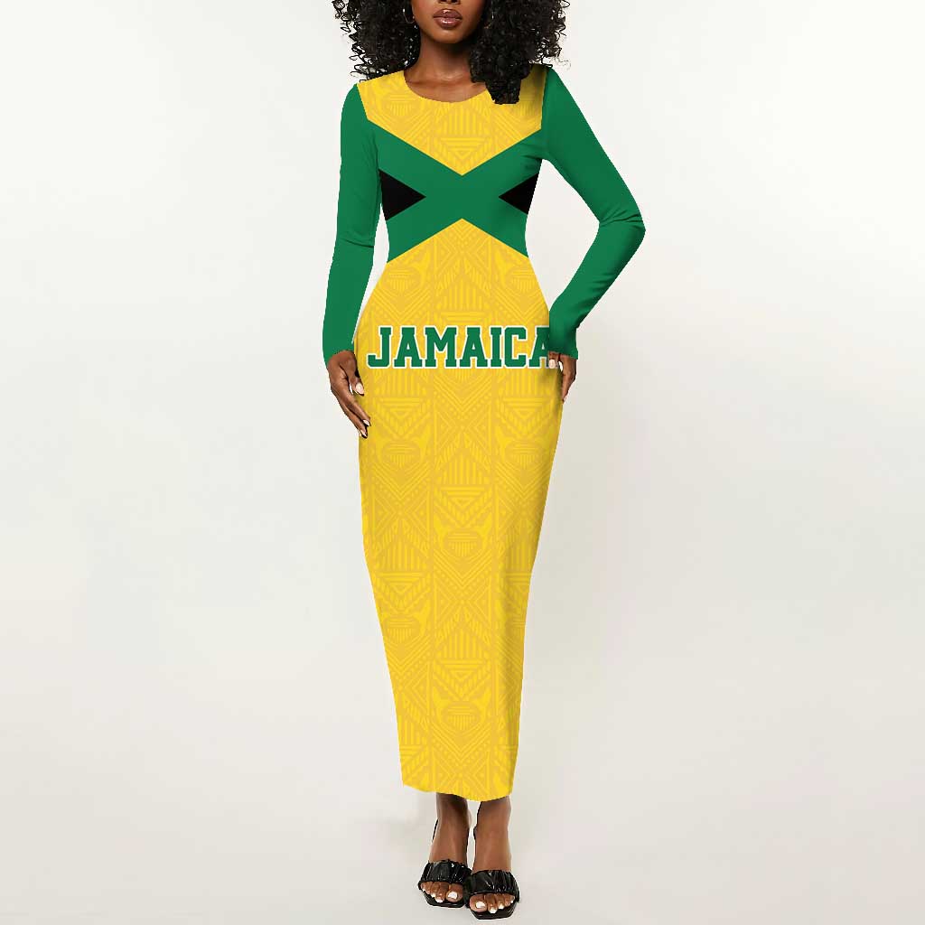 Afro-Jamaicans Football Custom Long Sleeve Bodycon Dress Gold Ethnic Motifs