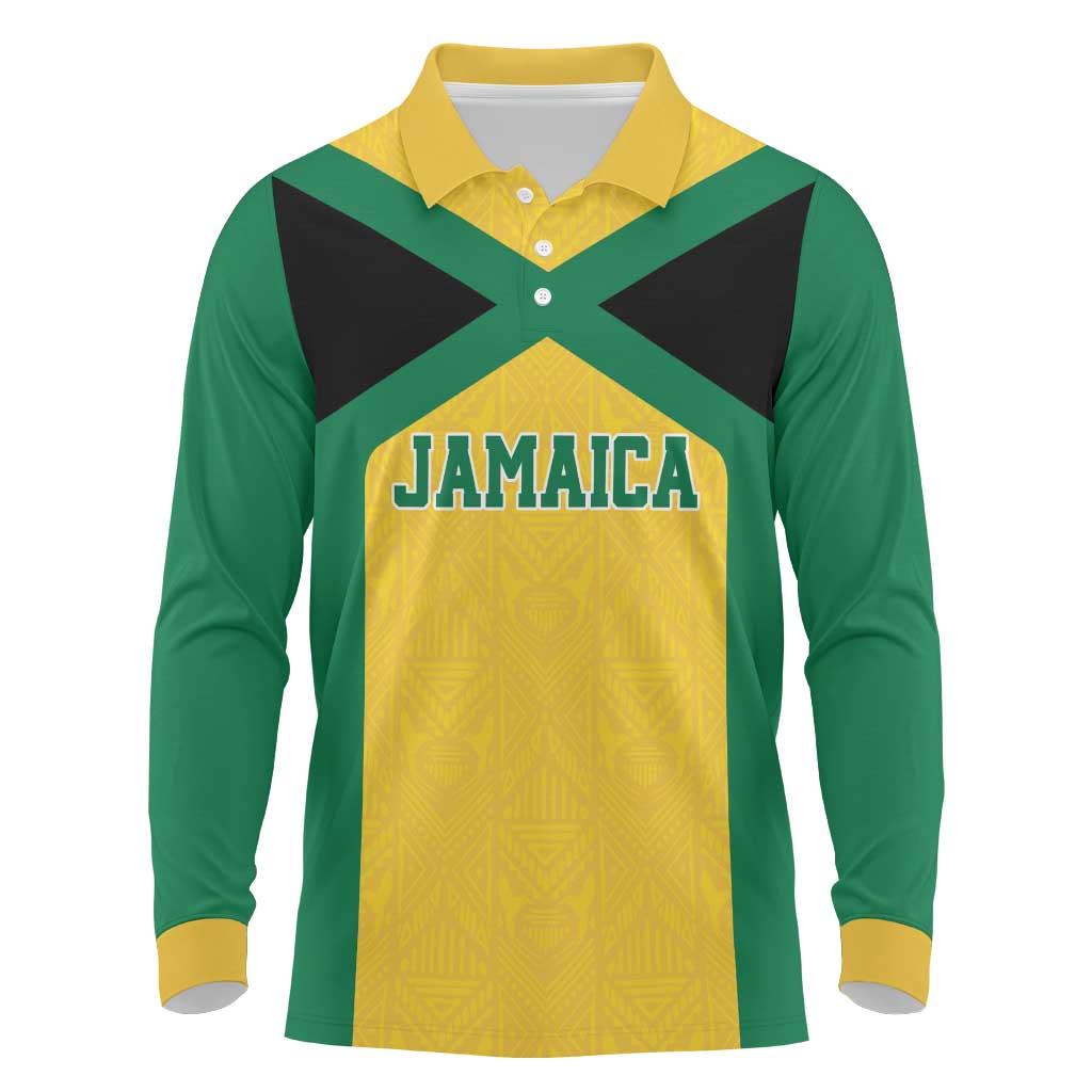 Afro-Jamaicans Football Custom Long Sleeve Polo Shirt Gold Ethnic Motifs