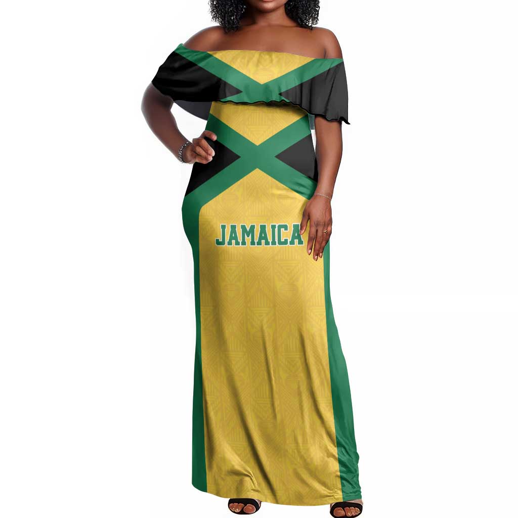 Afro-Jamaicans Football Custom Off Shoulder Maxi Dress Gold Ethnic Motifs