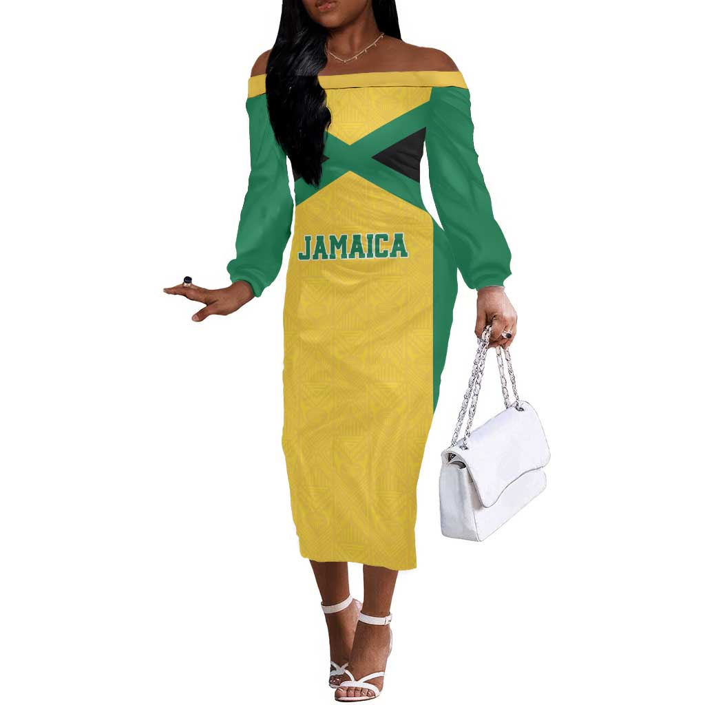 Afro-Jamaicans Football Custom Off The Shoulder Long Sleeve Dress Gold Ethnic Motifs