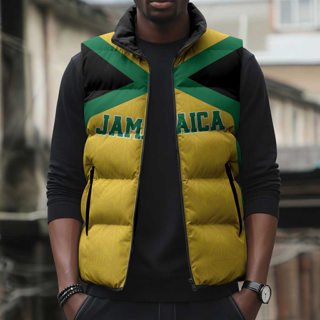 Afro-Jamaicans Football Custom Sleeveless Puffer Jacket Gold Ethnic Motifs