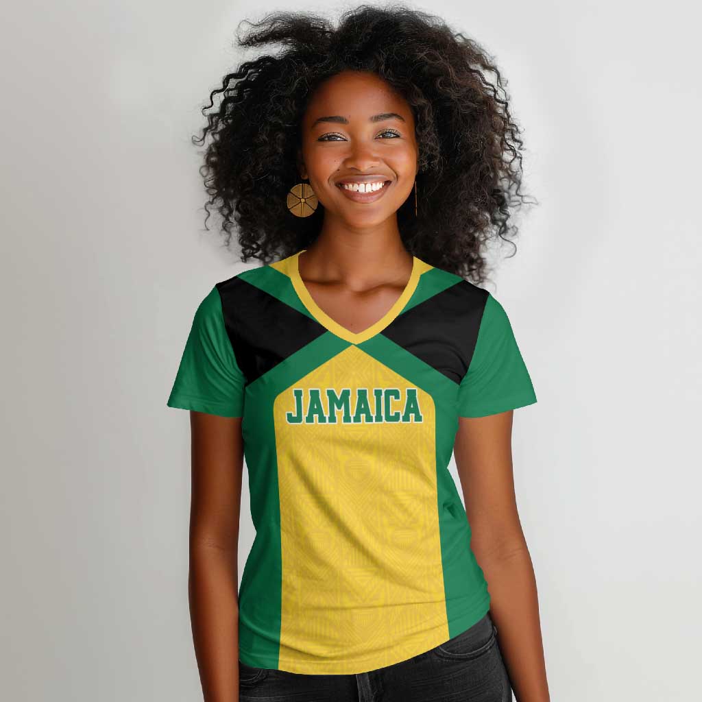 Afro-Jamaicans Football Custom Women V-Neck T-Shirt Gold Ethnic Motifs