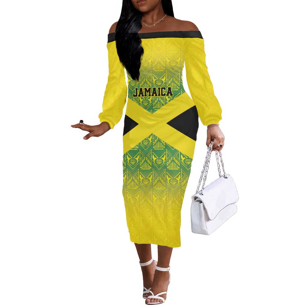 Afro-Jamaicans Custom Off The Shoulder Long Sleeve Dress Reggae Boyz With Traditional Pattern