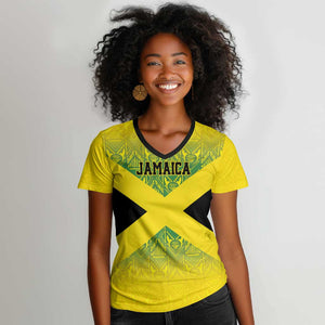 Afro-Jamaicans Custom Women V-Neck T-Shirt Reggae Boyz With Traditional Pattern