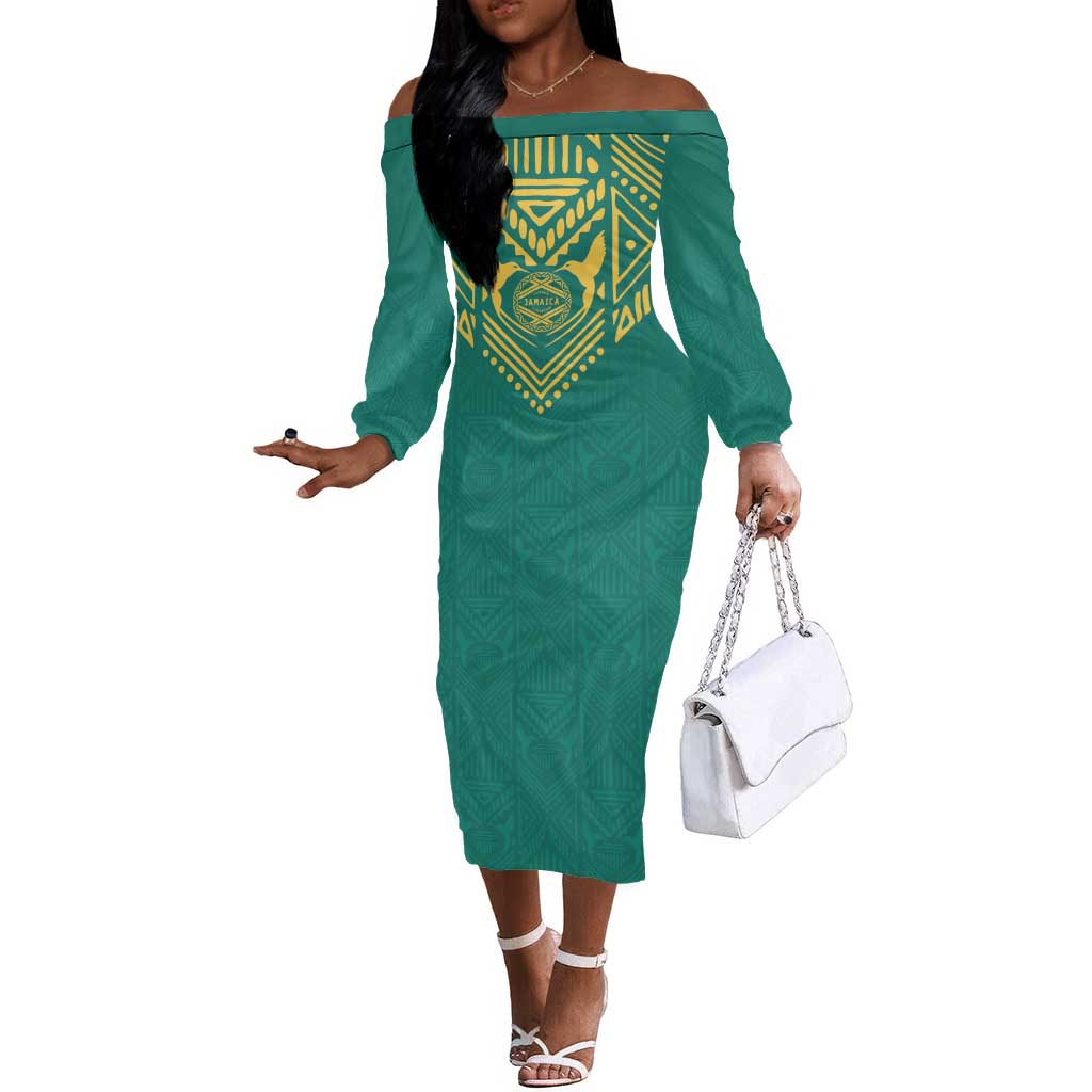 Afro-Jamaicans Tribal Custom Football Off The Shoulder Long Sleeve Dress Green Style