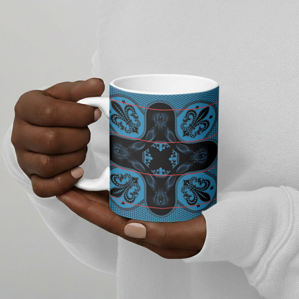 Bafokeng Rabbit Crown Palesa ea kharanium Ceramic Mug Blue Seanamarena Basotho Blanket Inspired