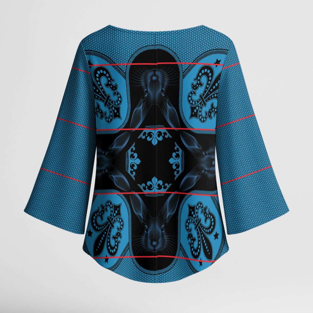Bafokeng Rabbit Crown Palesa ea kharanium Kimono Sleeve Blouse Blue Seanamarena Basotho Blanket Inspired