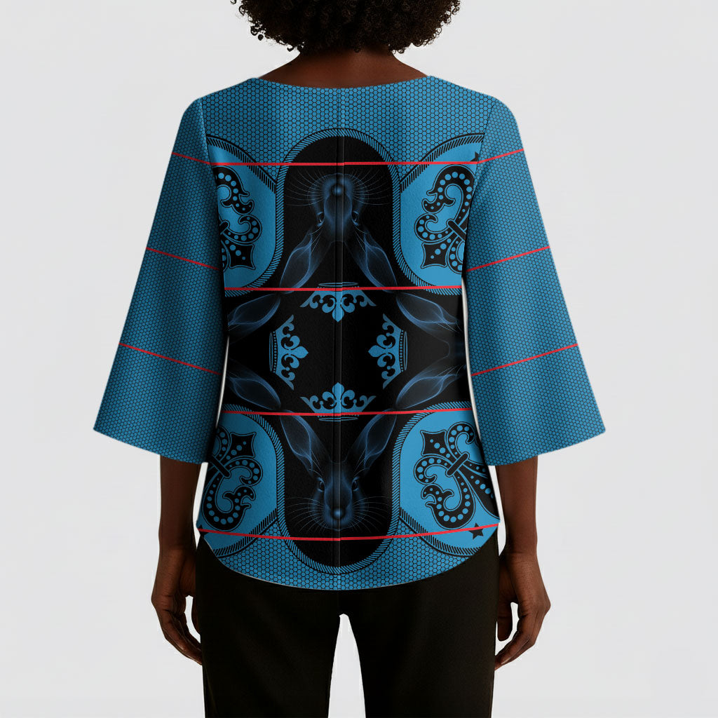 Bafokeng Rabbit Crown Palesa ea kharanium Kimono Sleeve Blouse Blue Seanamarena Basotho Blanket Inspired