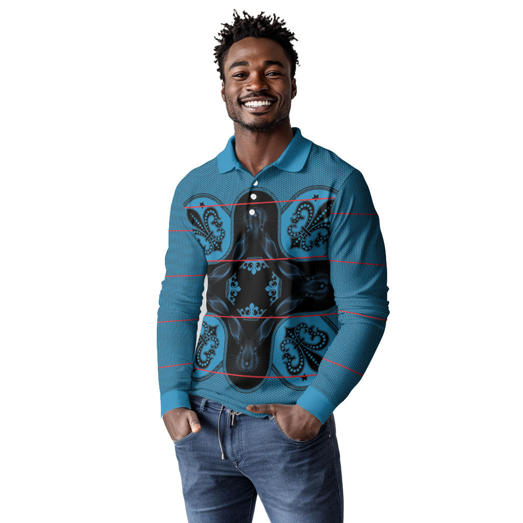 Bafokeng Rabbit Crown Palesa ea kharanium Long Sleeve Polo Shirt Blue Seanamarena Basotho Blanket Inspired