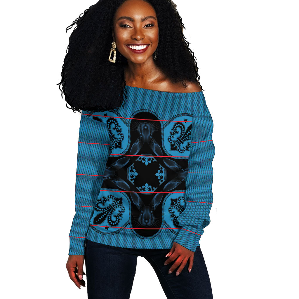 Bafokeng Rabbit Crown Palesa ea kharanium Off Shoulder Sweater Blue Seanamarena Basotho Blanket Inspired