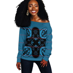 Bafokeng Rabbit Crown Palesa ea kharanium Off Shoulder Sweater Blue Seanamarena Basotho Blanket Inspired