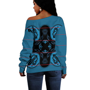 Bafokeng Rabbit Crown Palesa ea kharanium Off Shoulder Sweater Blue Seanamarena Basotho Blanket Inspired