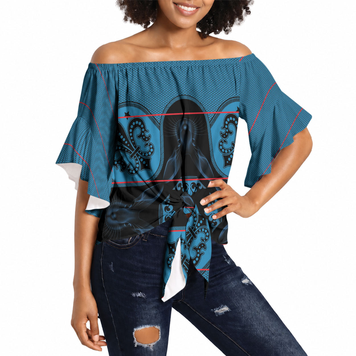 Bafokeng Rabbit Crown Palesa ea kharanium Off Shoulder Wrap Waist Top Blue Seanamarena Basotho Blanket Inspired