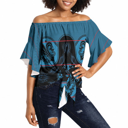 Bafokeng Rabbit Crown Palesa ea kharanium Off Shoulder Wrap Waist Top Blue Seanamarena Basotho Blanket Inspired