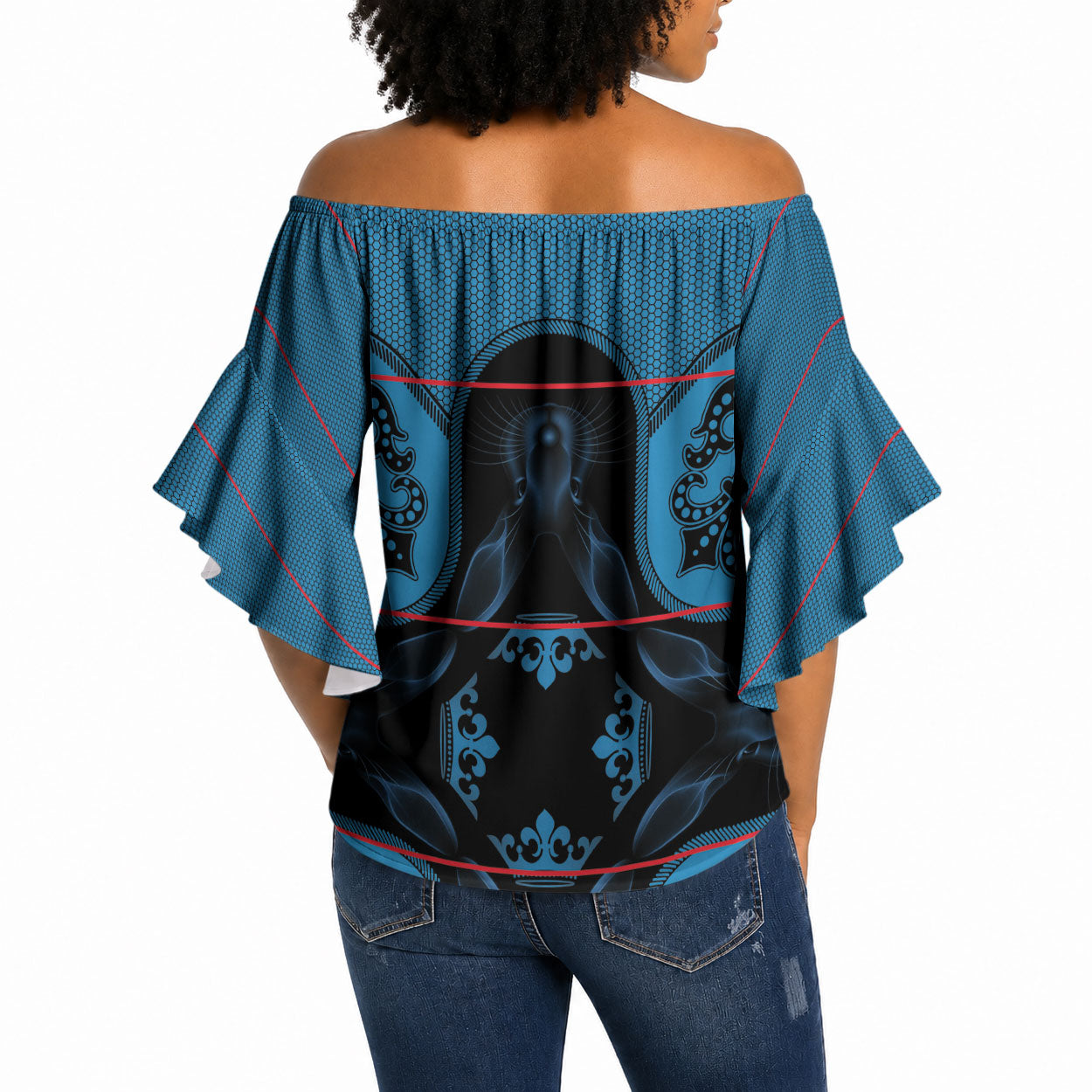 Bafokeng Rabbit Crown Palesa ea kharanium Off Shoulder Wrap Waist Top Blue Seanamarena Basotho Blanket Inspired