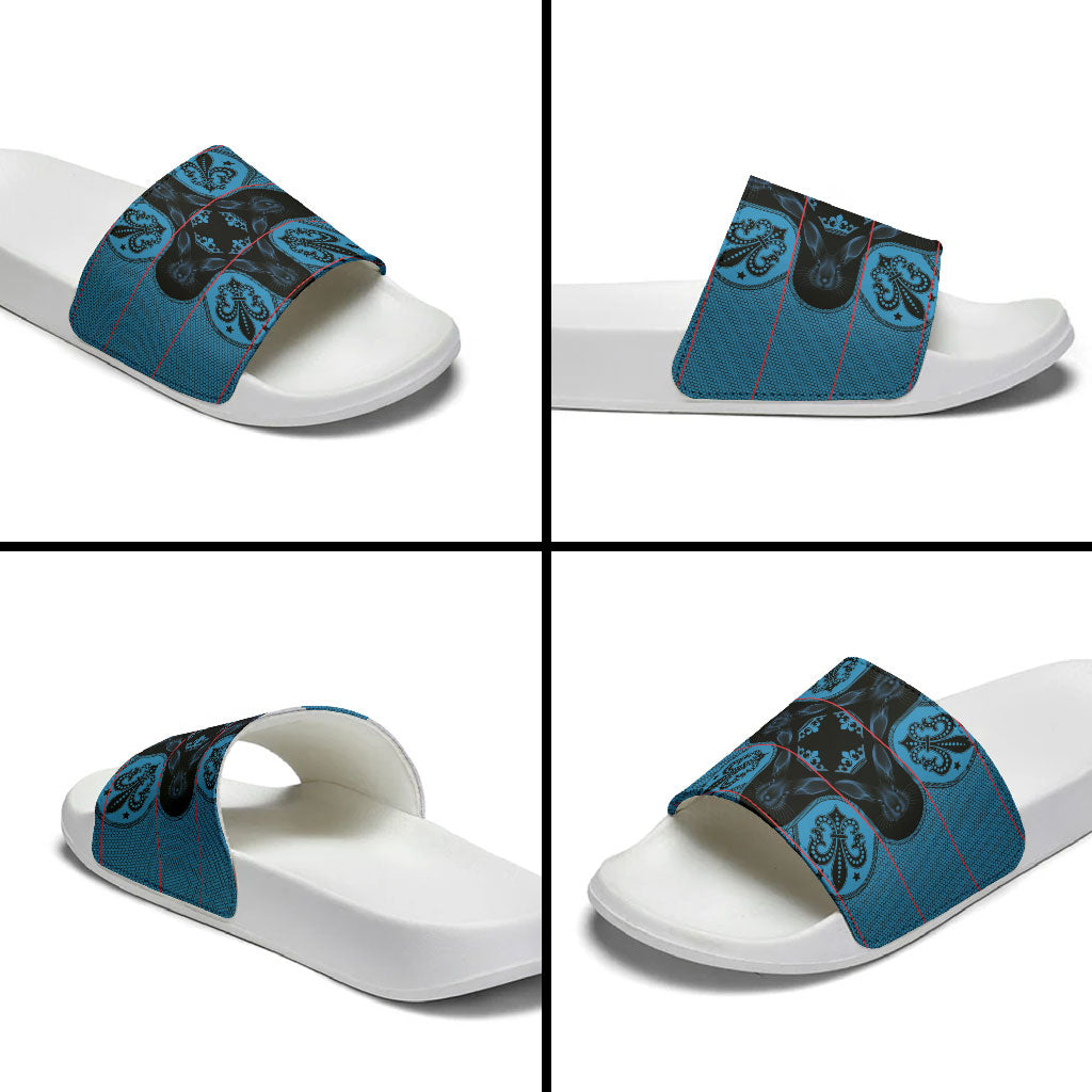 Bafokeng Rabbit Crown Palesa ea kharanium Slide Sandals Blue Seanamarena Basotho Blanket Inspired