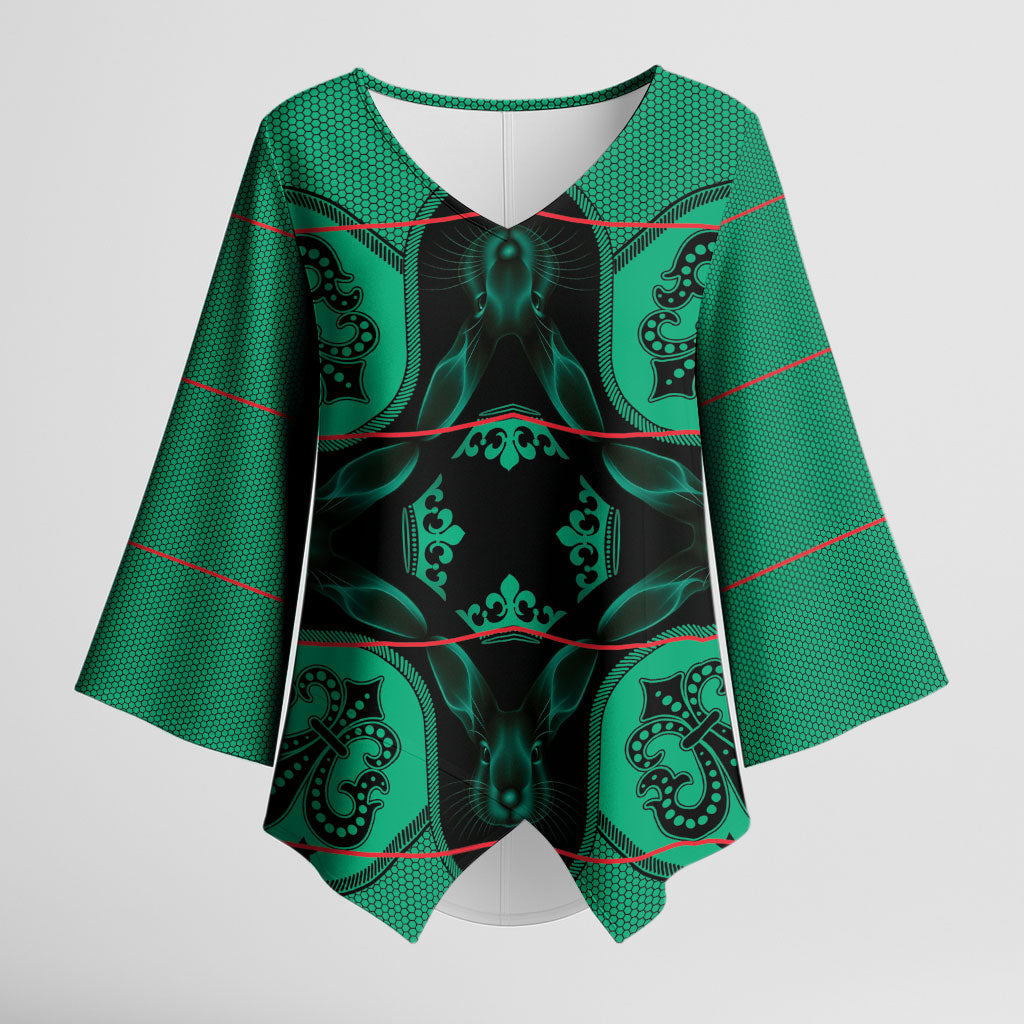 Bafokeng Rabbit Crown Palesa ea kharanium Kimono Sleeve Blouse Green Seanamarena Basotho Blanket Inspired