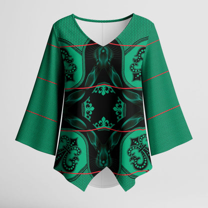 Bafokeng Rabbit Crown Palesa ea kharanium Kimono Sleeve Blouse Green Seanamarena Basotho Blanket Inspired