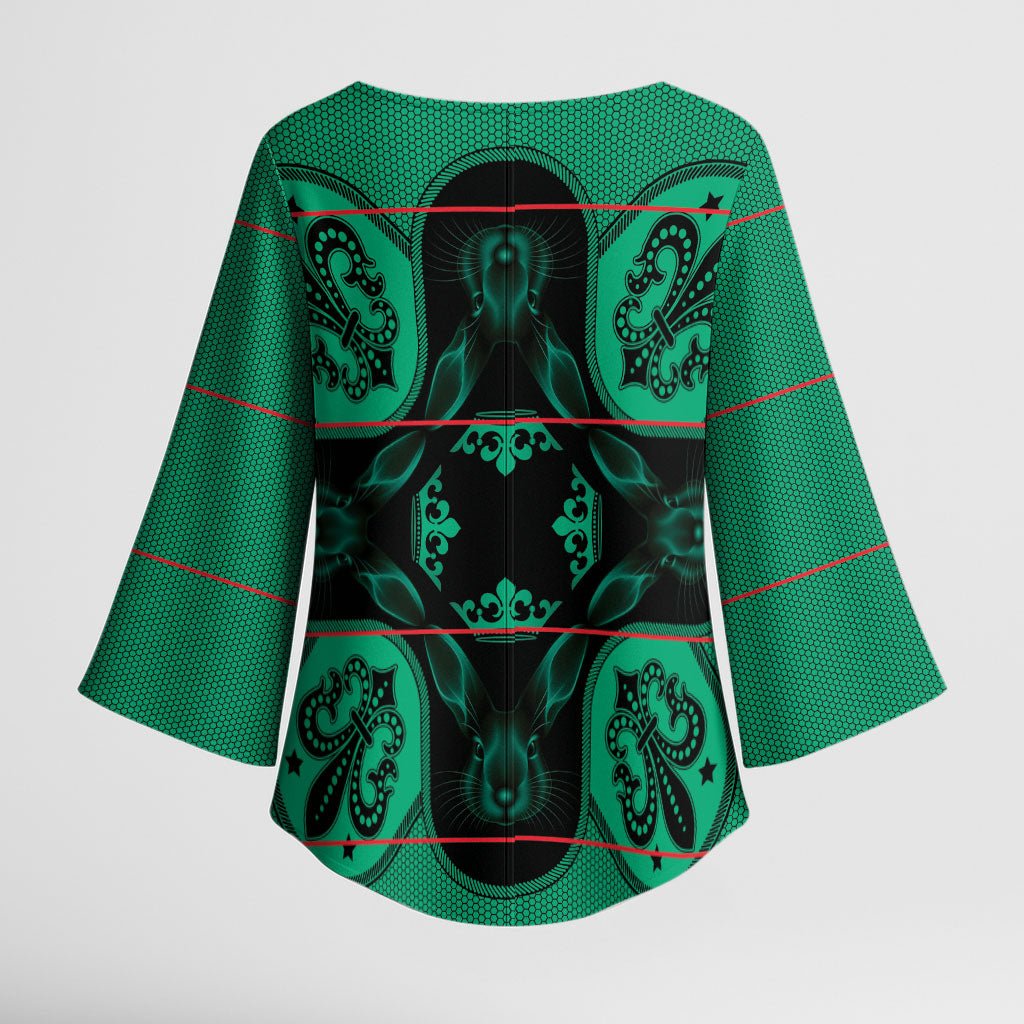 Bafokeng Rabbit Crown Palesa ea kharanium Kimono Sleeve Blouse Green Seanamarena Basotho Blanket Inspired