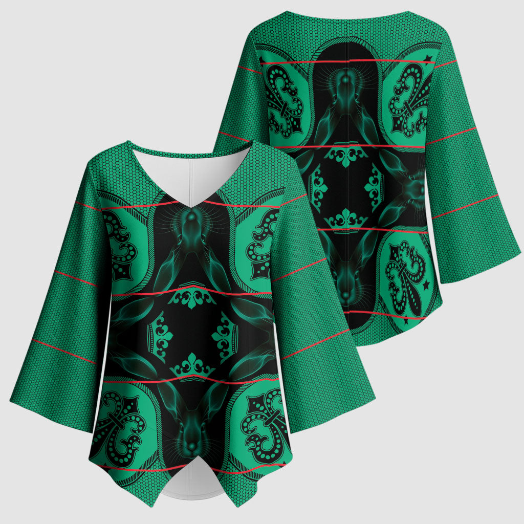 Bafokeng Rabbit Crown Palesa ea kharanium Kimono Sleeve Blouse Green Seanamarena Basotho Blanket Inspired