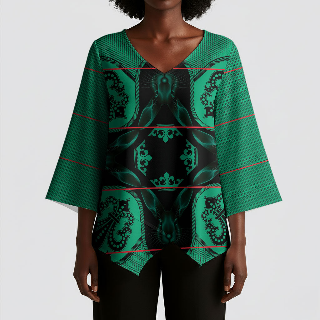 Bafokeng Rabbit Crown Palesa ea kharanium Kimono Sleeve Blouse Green Seanamarena Basotho Blanket Inspired