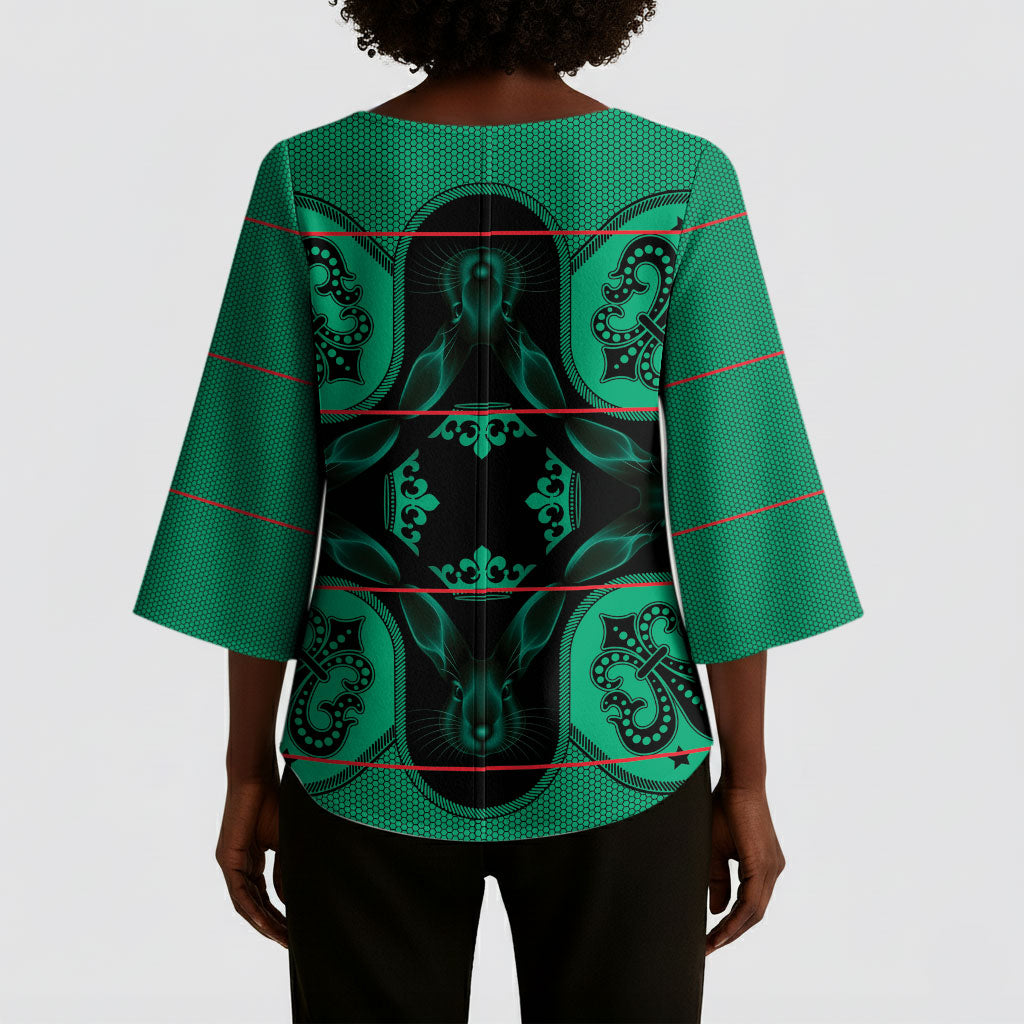 Bafokeng Rabbit Crown Palesa ea kharanium Kimono Sleeve Blouse Green Seanamarena Basotho Blanket Inspired