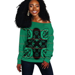 Bafokeng Rabbit Crown Palesa ea kharanium Off Shoulder Sweater Green Seanamarena Basotho Blanket Inspired
