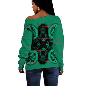 Bafokeng Rabbit Crown Palesa ea kharanium Off Shoulder Sweater Green Seanamarena Basotho Blanket Inspired