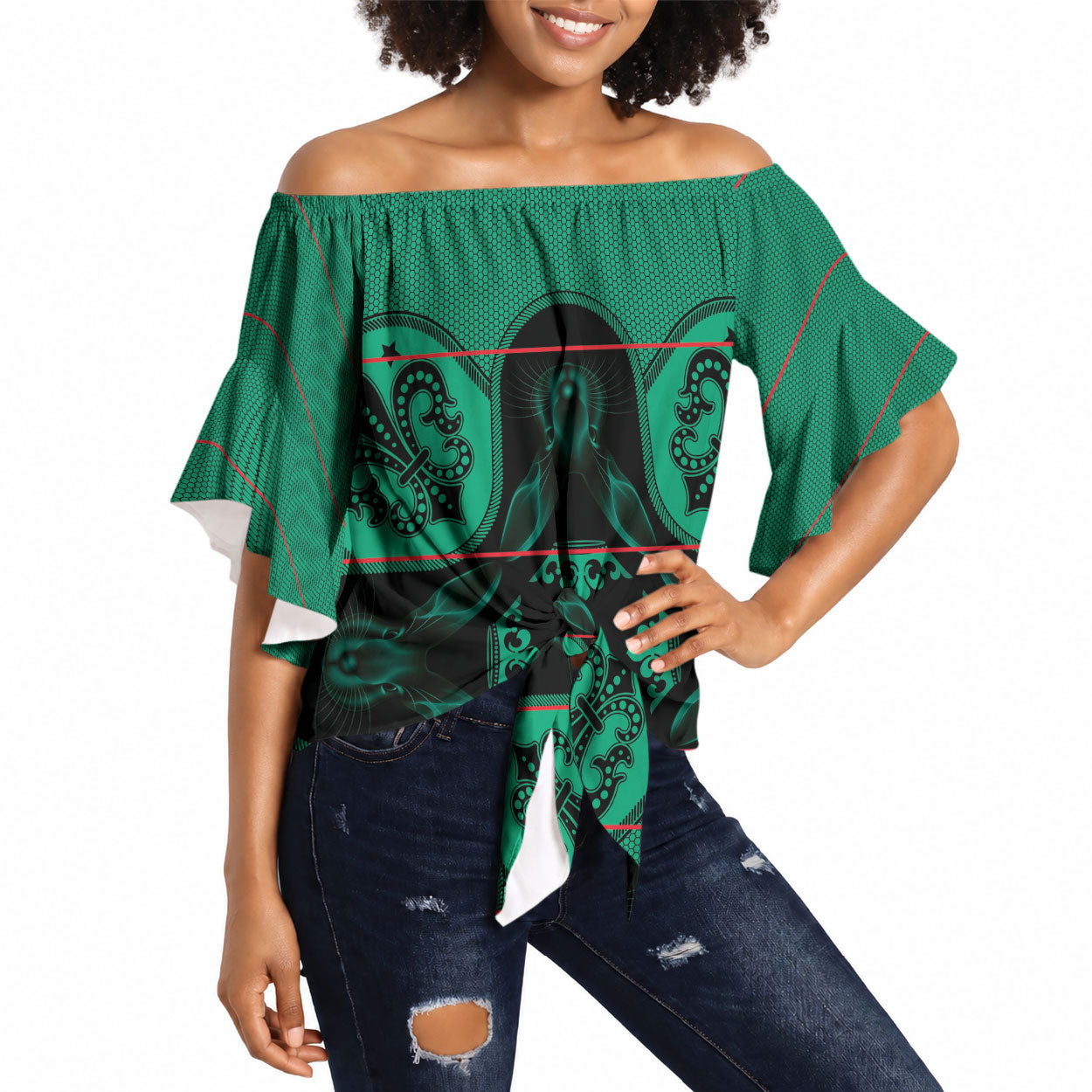 Bafokeng Rabbit Crown Palesa ea kharanium Off Shoulder Wrap Waist Top Green Seanamarena Basotho Blanket Inspired