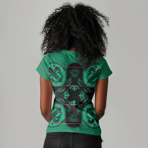 Bafokeng Rabbit Crown Palesa ea kharanium Women V-Neck T-Shirt Green Seanamarena Basotho Blanket Inspired