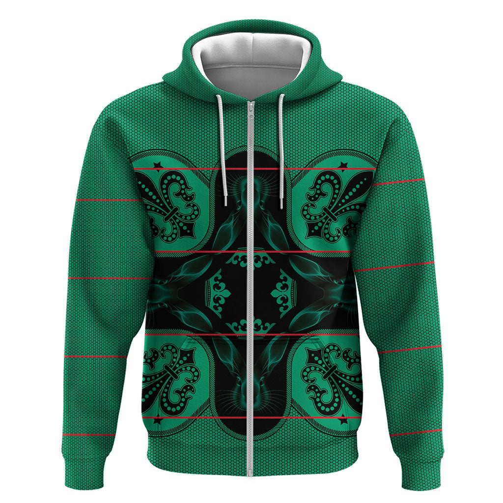 Bafokeng Rabbit Crown Palesa ea kharanium Zip Hoodie Green Seanamarena Basotho Blanket Inspired