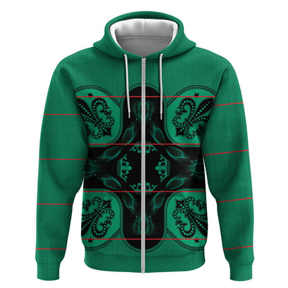 Bafokeng Rabbit Crown Palesa ea kharanium Zip Hoodie Green Seanamarena Basotho Blanket Inspired