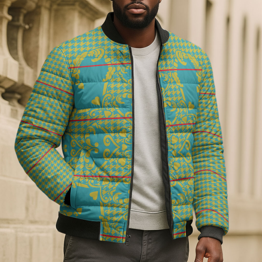 Green Hearts Crown Traditional Geometry Bomber Puffer Jacket Seanamarena Basotho Blanket Inspired